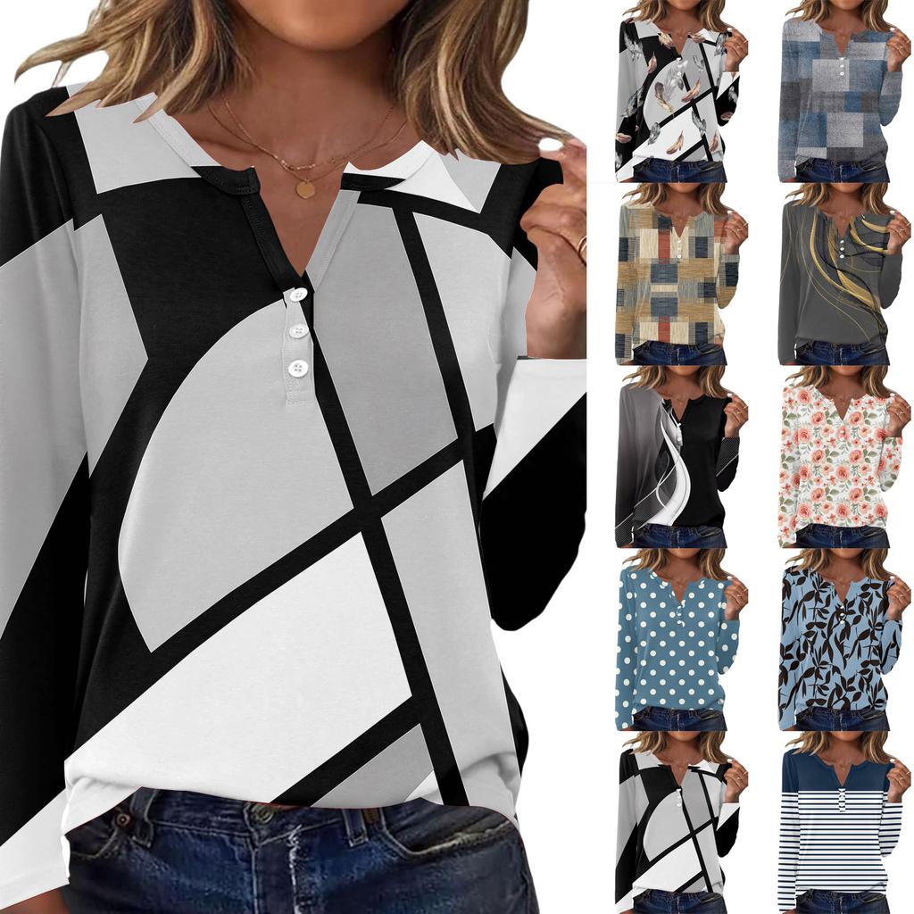 Women's Casual And Fashionable T-shirt, Vintage Geometric Print, Round Neck, Long Sleeves.