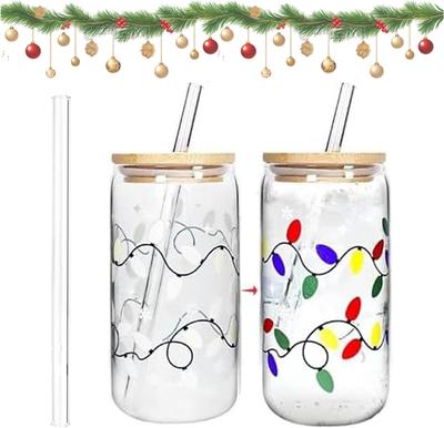 Copo de Natal que Muda de Cor, Copo de Vidro de Natal que Muda de Cor, Copos de Vidro Fofos com Tampas e Canudos, Caneca de Viagem Reutilizável para Café Gelado Água Fria