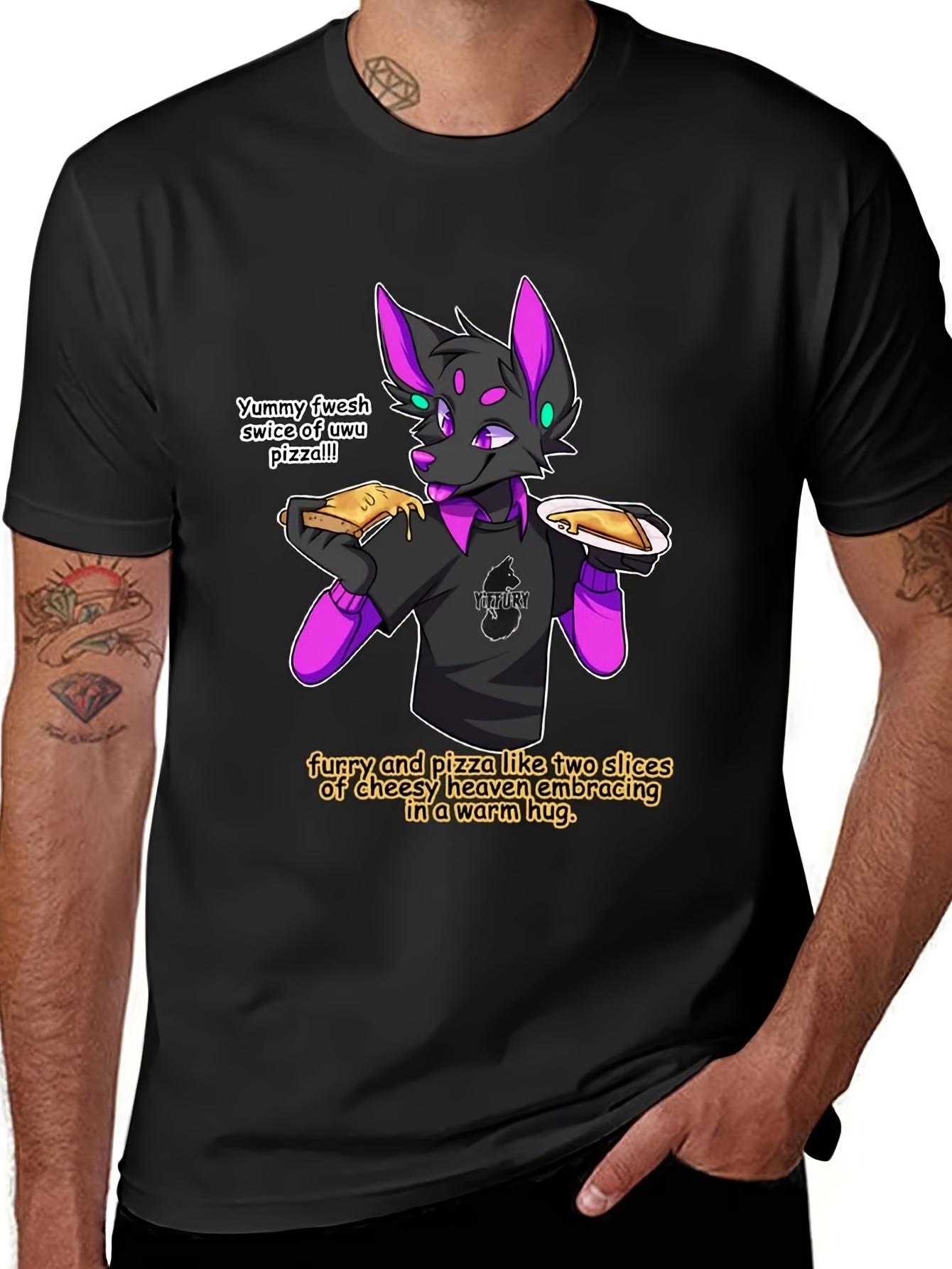 Black Casual Short-Sleeve T-Shirt Featuring a Colorful Cartoon Print of a Furry Wolf Who Loves Pizza - Regular Fit XS
