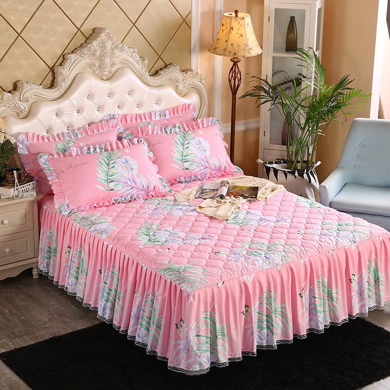 Fustă de pat prințesă matlasată cu dantelă în stil coreean – Cuvertură de pat groasă, din mătase periată, rezistentă la praf