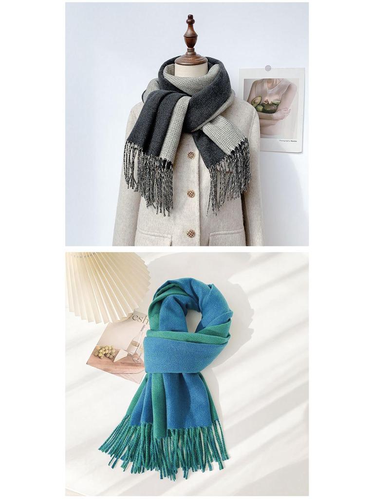 Double-Sided Solid Color Imitation Cashmere Scarf with Tassels – Cozy Korean Autumn/Winter Fashion for Students
