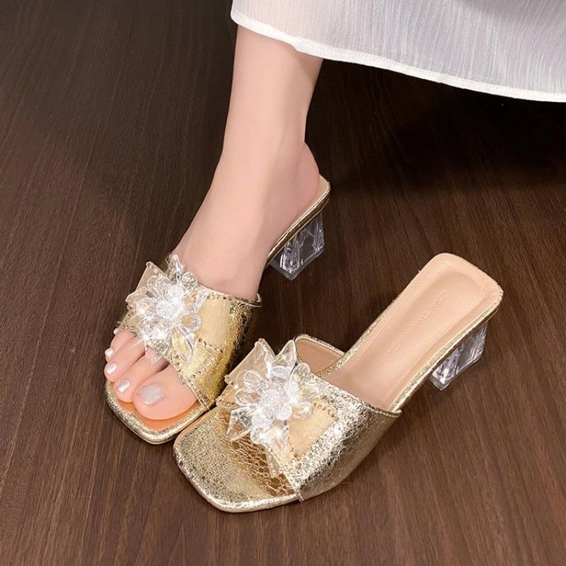 

Мода 2025 Шлепанцы с пряжкой из страз Женские босоножки на блочном каблуке Тканевая обувь Женские танкетки Слайды Танкетки Открытый носок Sandalias Mujer 35 золотой