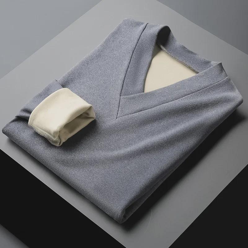 Men's V-neck Self-heating Long Sleeve German Velvet Shirt - Warm, Solid Color Autumn/Winter 2021
