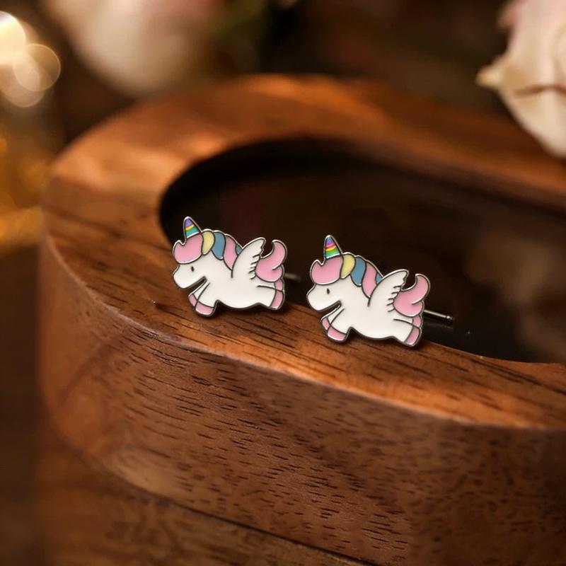 Beixi S999 Silver Needle Unicorn Stud Earrings - Cute Rainbow Pony Design for Girls and Students