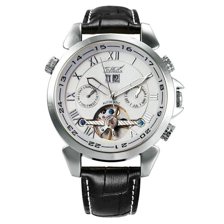 Jaragar Mechanical Watch Men Automatic Gold Mens Watches Top Brand Luxury Tourbillon Calendar Leather Belt Male Clocks Relojes