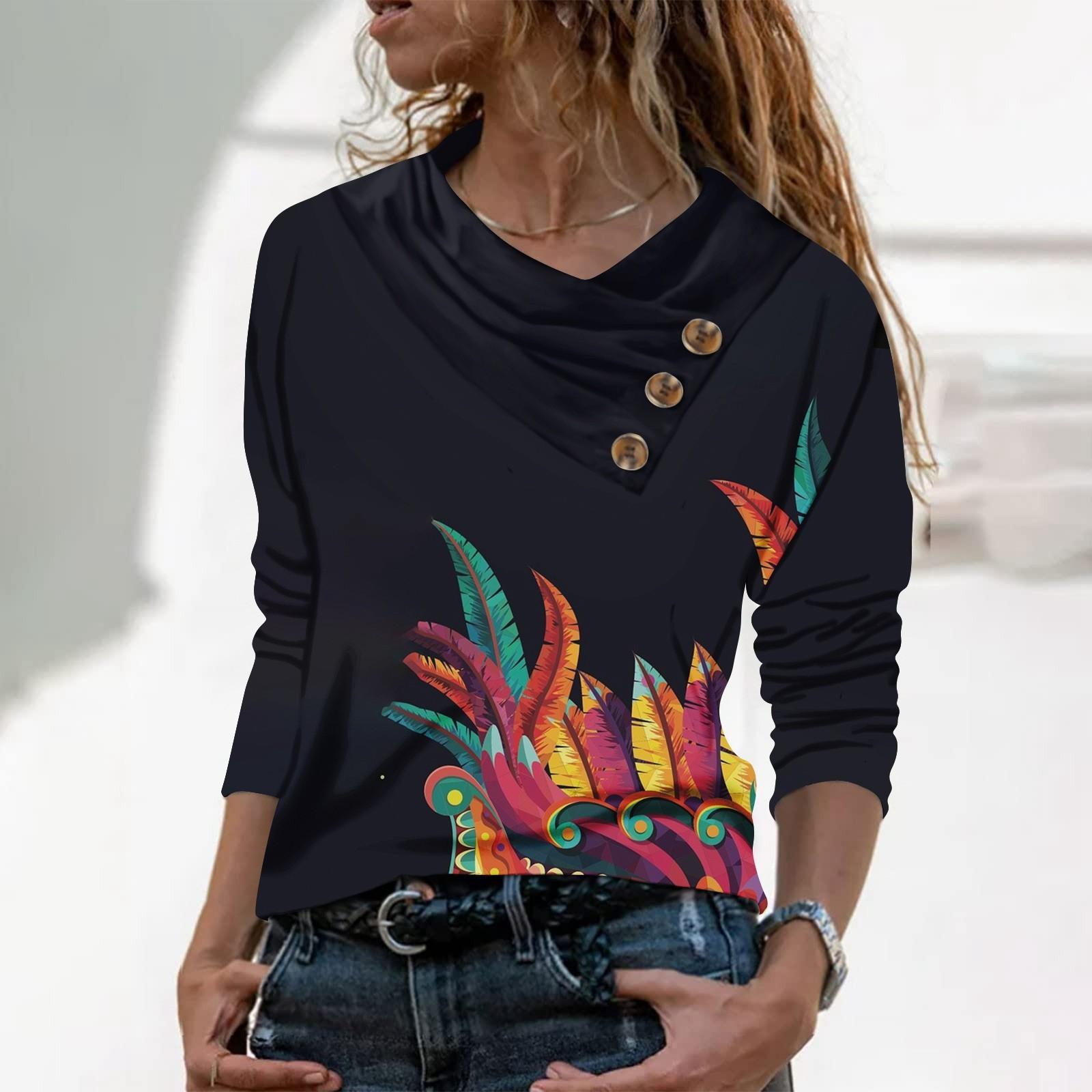 

Женская повседневная рубашка с длинными рукавами и V-образным вырезом на пуговицах с модной футболкой с принтом XL чёрный