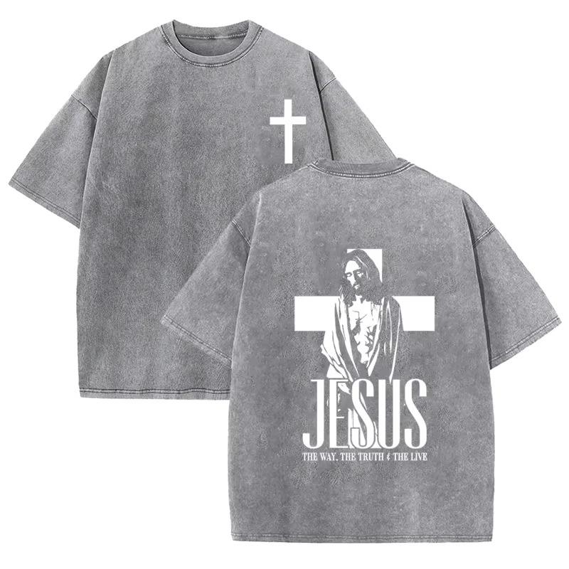 Vintage Washed Double Sided T Shirt Cross Jesus Portrait Letter Print OversizedChristianFaith StreetwearShortSleeveTeeAsian Size