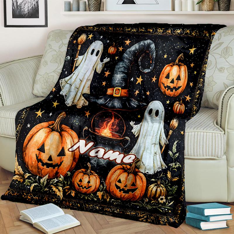 1PC Custom Name Halloween Ghosts Pumpkins outdooor Flannel blankets Throw Blanket All-Season Throw Gift Bedspread for Couch, Bed, Camping Holiday Birt