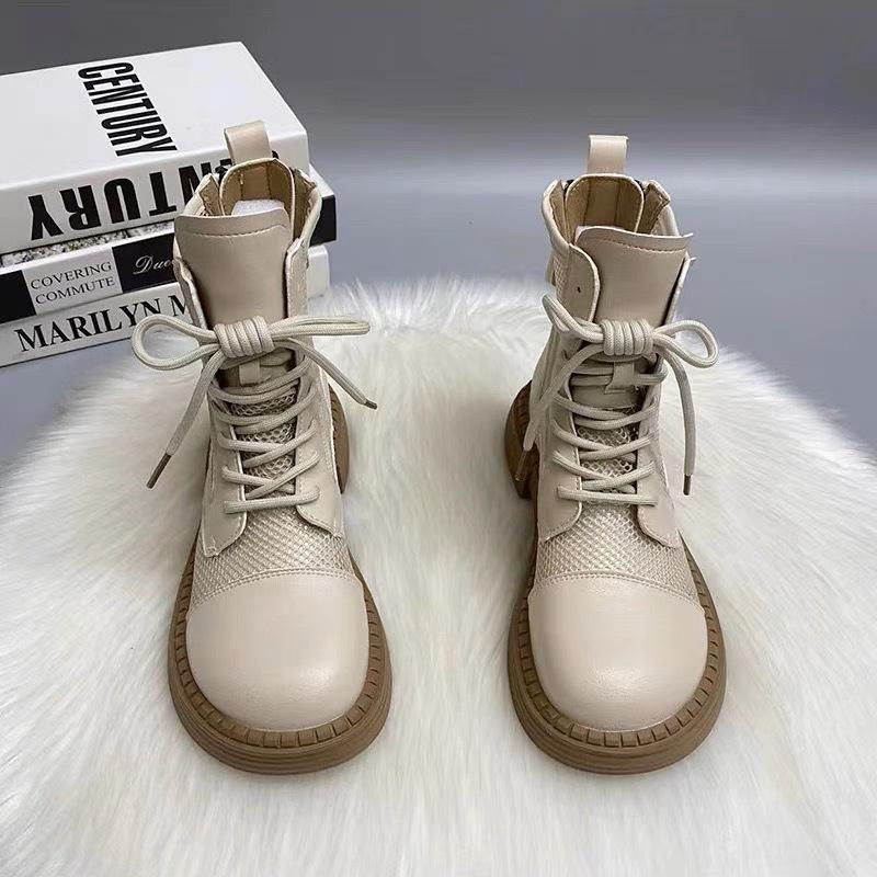

South Korea Dongdaemun thick-soled leather Martin boots women s net boots 2025 summer new thin breathable hollow spring and autumn summer 38 бежевий
