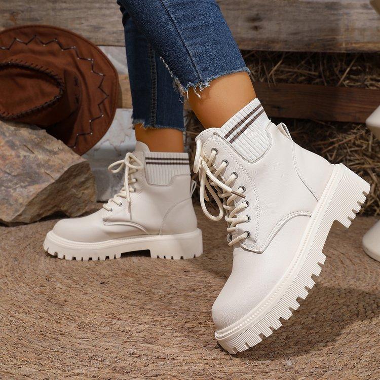 New Women'S Platform Ankle Boots White Pu Leather Thick Sole Combat Booties Woman Spring Autumn Non Slip Motorcycle Boots