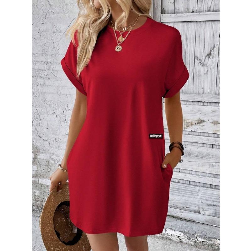 Women's Spring and Summer New Solid Color Round Neck Casual Breathable Loose Short Sleeve Pocket Dress