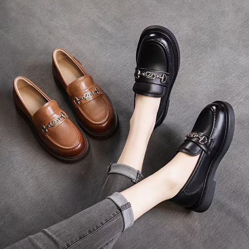 Leather retro one-pedal lazy shoes women's thick heel single shoes new small leather shoes flat bottom