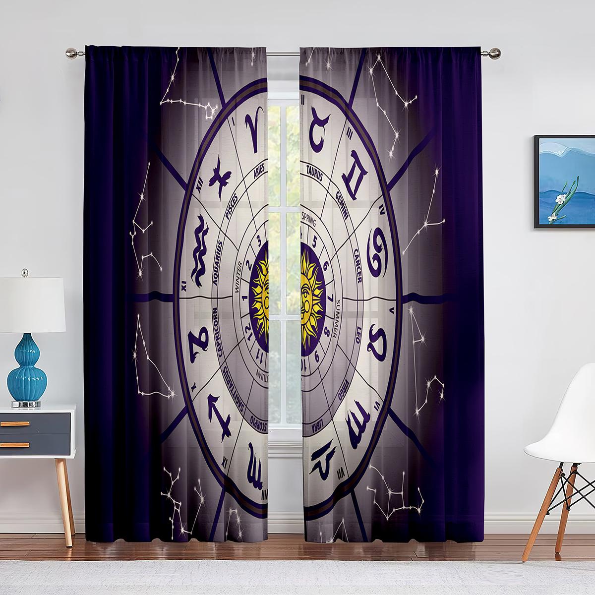 

Астрология Тюль Шторы Созвездие Зодиака и Планеты Окно Прозрачная Вуаль Шторы для Гостиной Спальни Кухни Декор 1 PCS W100XH250cm&Grommet Top