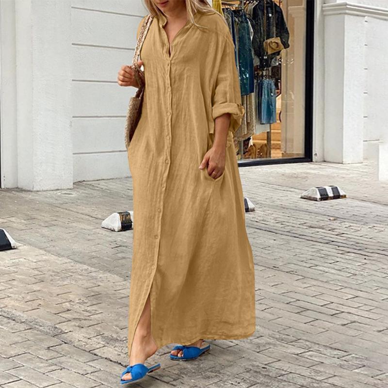 GMXIA Casual Pocket Shirt Neck Long Dress Casual Cotton Linen Plus Size Dresses