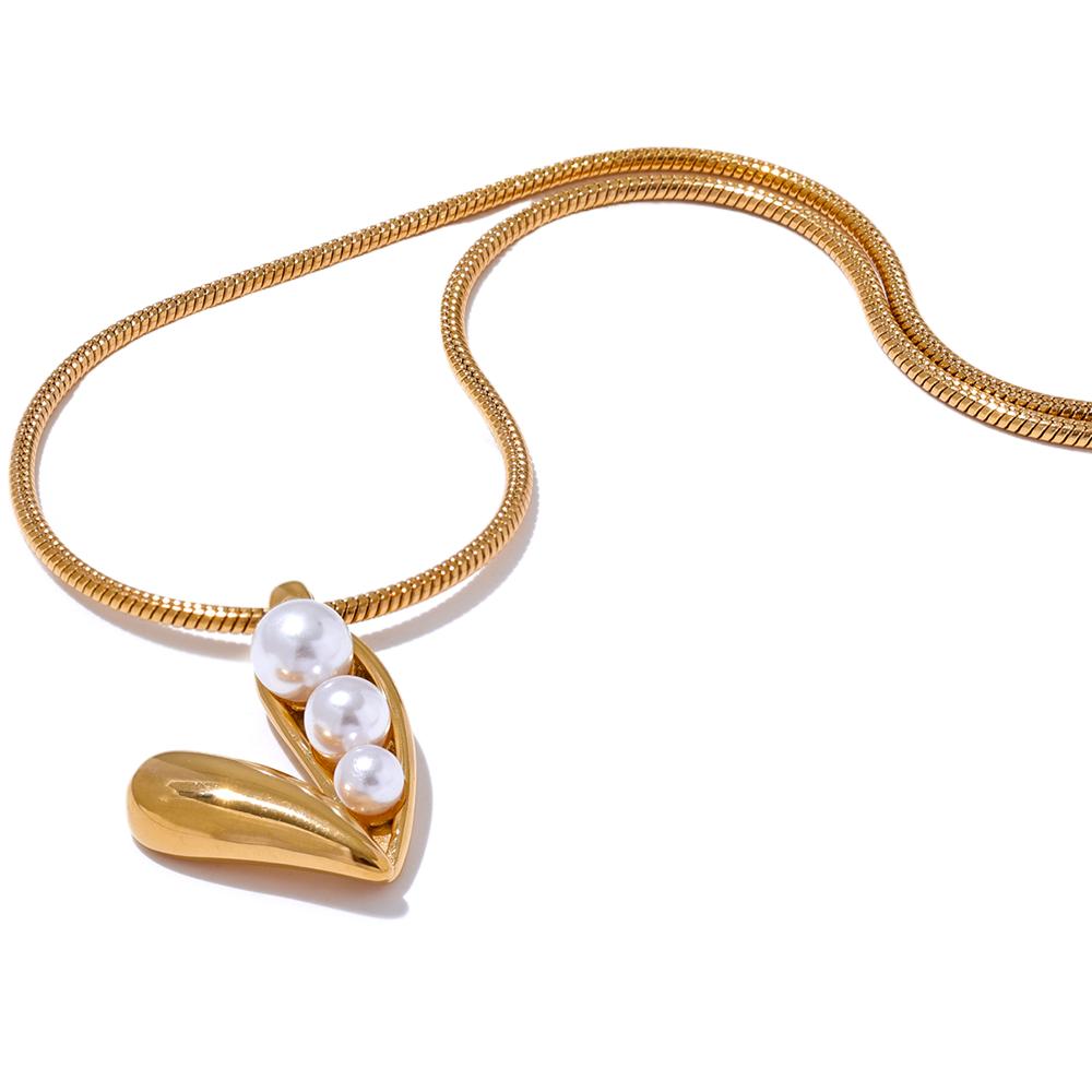 

Yhpup Trendy Stainless Steel Imitation Pearls Heart Love Pendant Necklace Water Resistant Gold Color Fashion Collar Jewelry