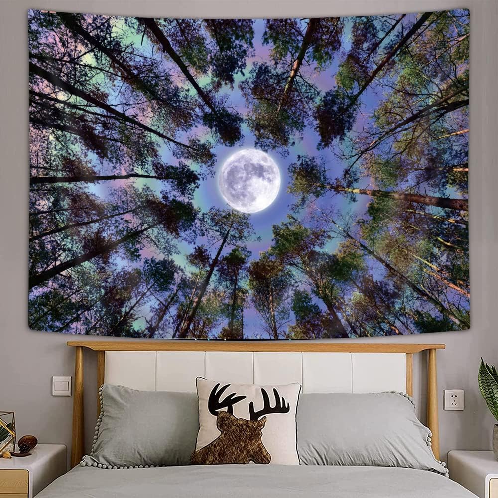 Trippy Moon Forest Ceiling Tapestry for Bedroom Aesthetic, Cool Psychedelic Trees Starry Night Galaxy Sky Tapestry Wall Hanging,