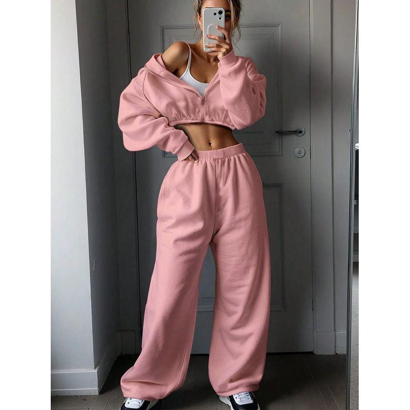 Western Style Fashion Casual Loose Hood Short Jacket Trousers Set Hooded Top and Pants Set