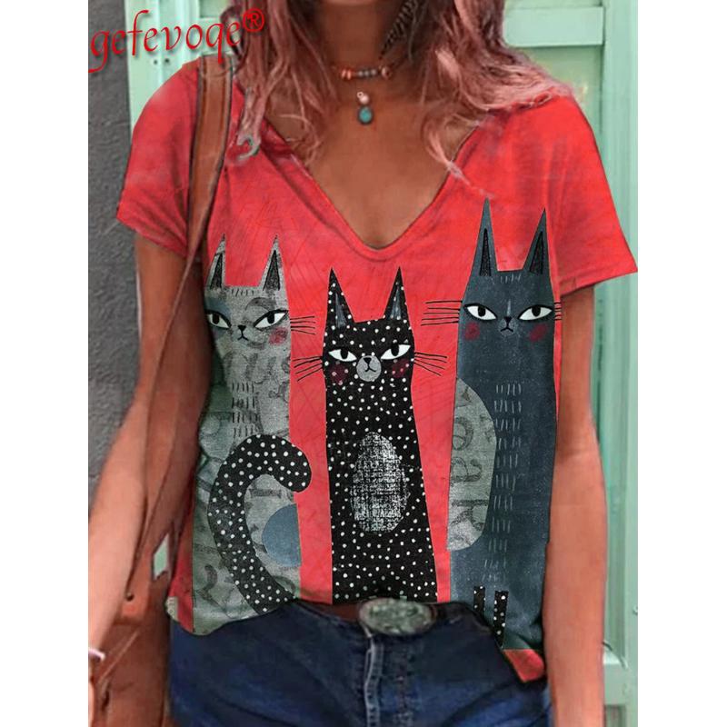 

Модные весенние блузки с принтом котят, футболки с V-образным вырезом и короткими рукавами, повседневные 8XL красный