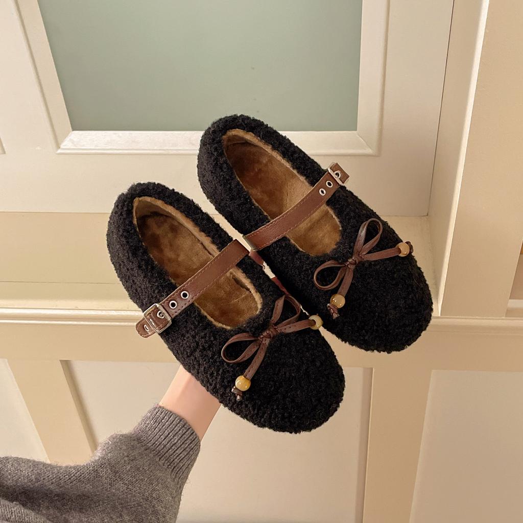 Large size retro fluffy shoes autumn and winter new velvet warm cotton shoes light mouth bow Mary Jane single shoes