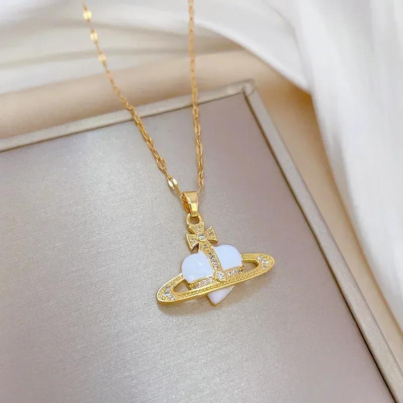 Stainless Steel Zircon Moonstone Planet Necklaces for Women Girls Gold Color Fashion Jewelry Gifts Accessories for Friends