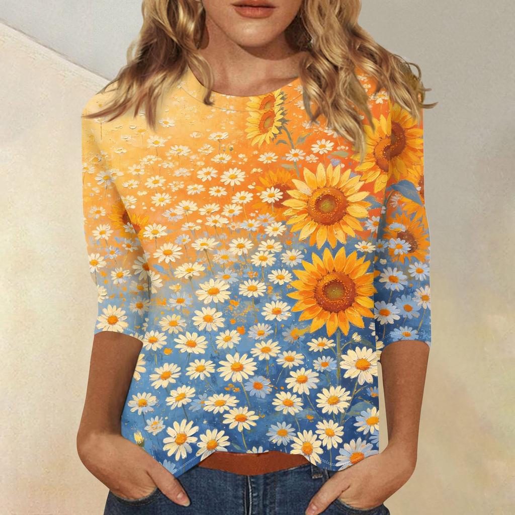 Women Casual Floral Print Round Neck Three Quarter Sleeve Top Lightweight Comfortable Fit Stylish Design Suitable for Everyday Wear