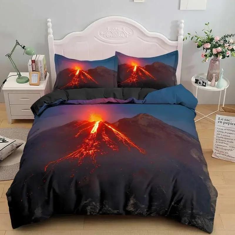 Volcano Disaster Red Yellow Lava Comfortable Duvet Quilt Cover Pillowcase Bedding Set Children Bedroom Decoration Home Textile