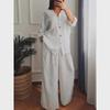 Plus Size Cotton Linen High Waist Shirt Set - Loose Fit, Solid Color, Long Sleeve, Suitable for Spring and Autumn.