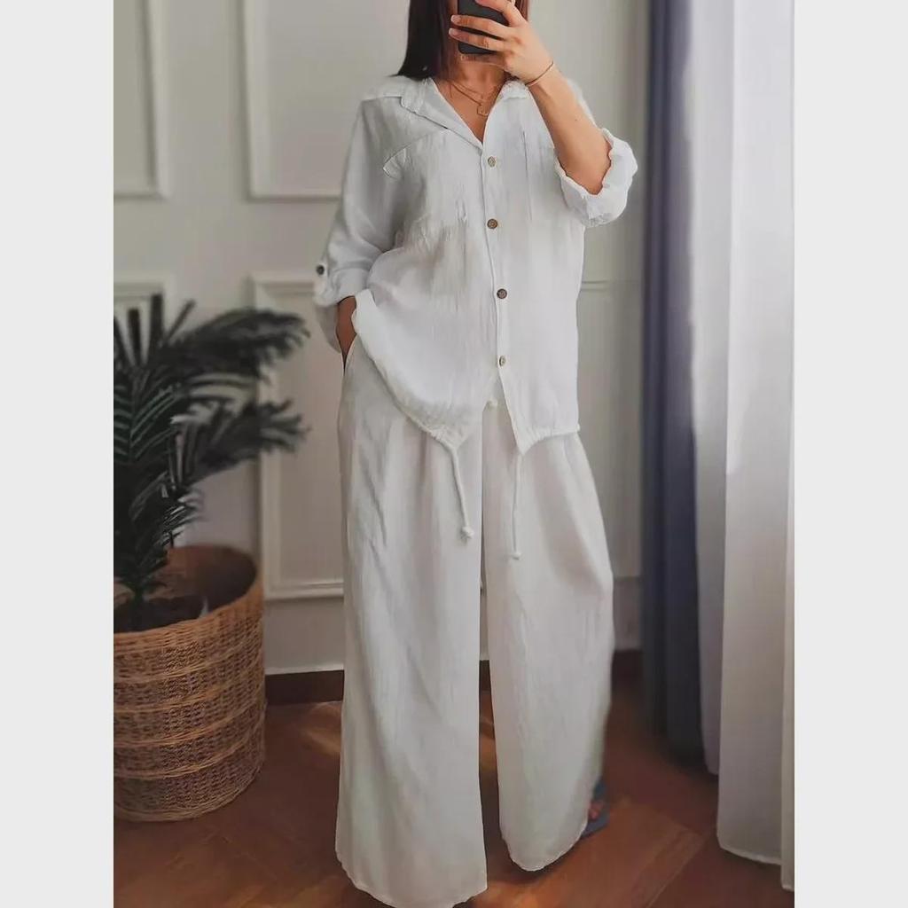 Plus Size Cotton Linen High Waist Shirt Set - Loose Fit, Solid Color, Long Sleeve, Suitable for Spring and Autumn.