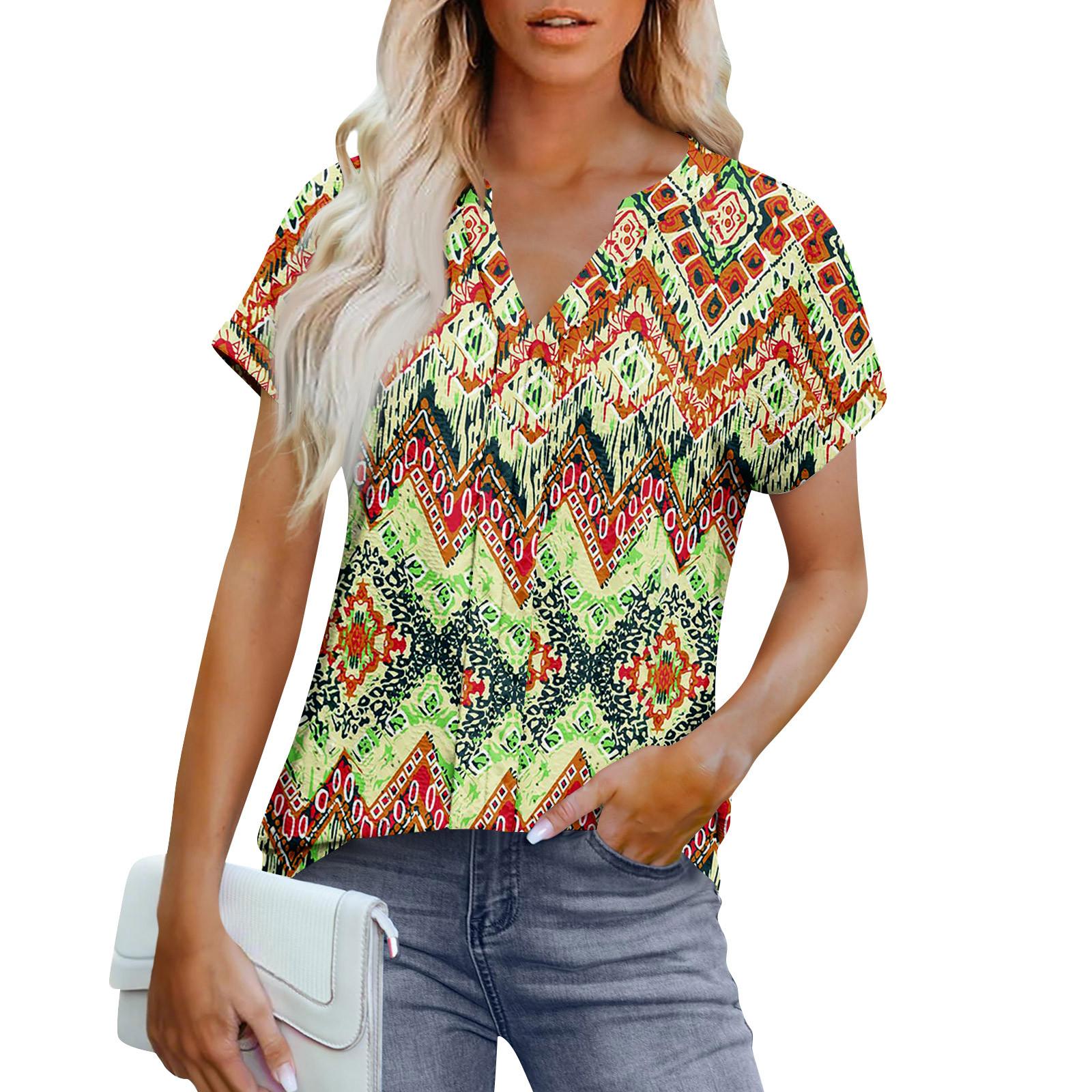 

Женские топы с коротким рукавом V-образным вырезом, блузка, нарядная повседневная одежда с принтом и вышивкой, летняя модная одежда XXL