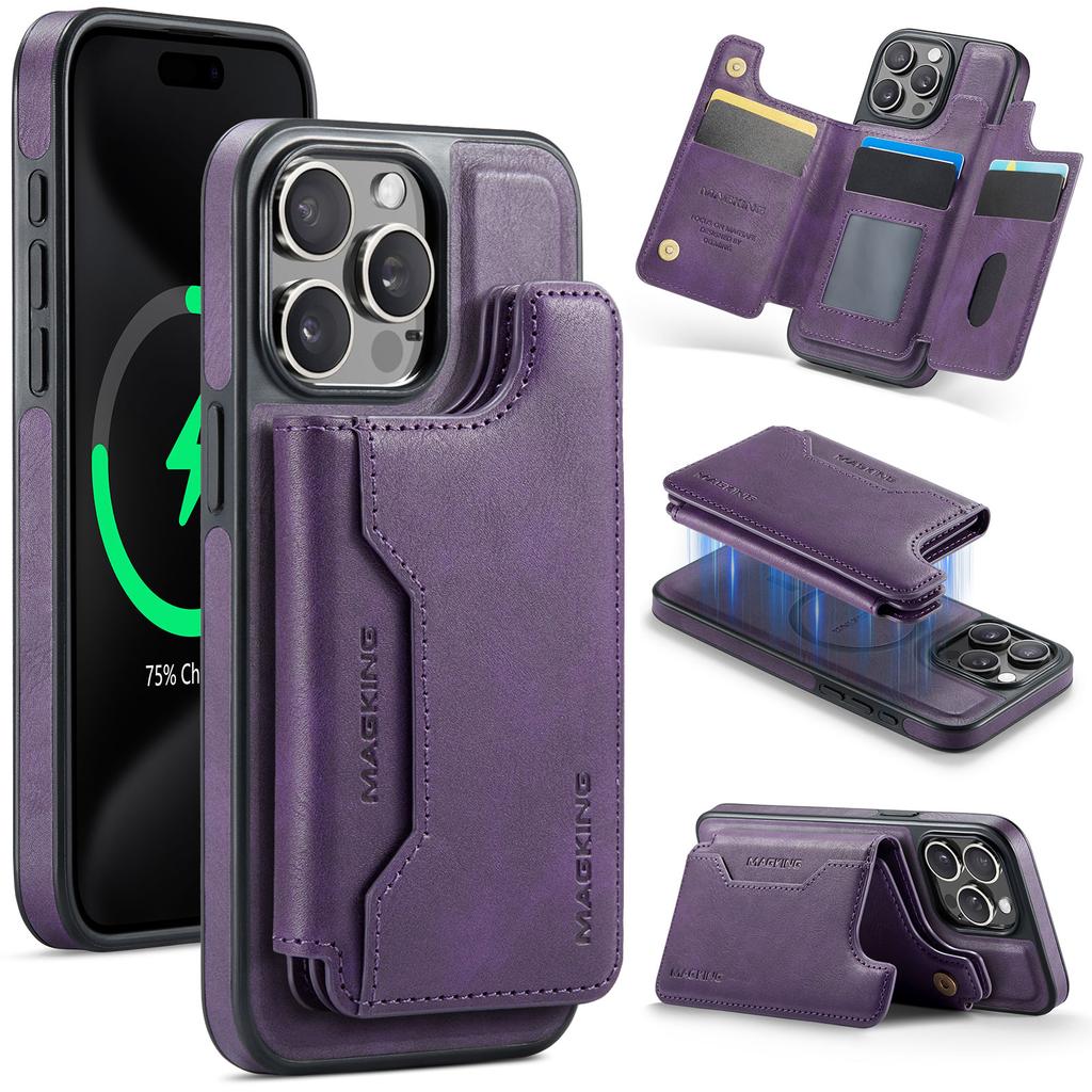 MAGKING K3 Series For iPhone 15 Pro Case Compatible with MagSafe Wallet PC+TPU+PU Phone Cover