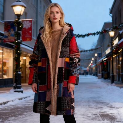 Fleecejacken für Damen mit Reißverschluss, floralem Druck, Sherpa-Futter, Kapuze, Vintage-Ethno-Stil, Patchwork-Mantel