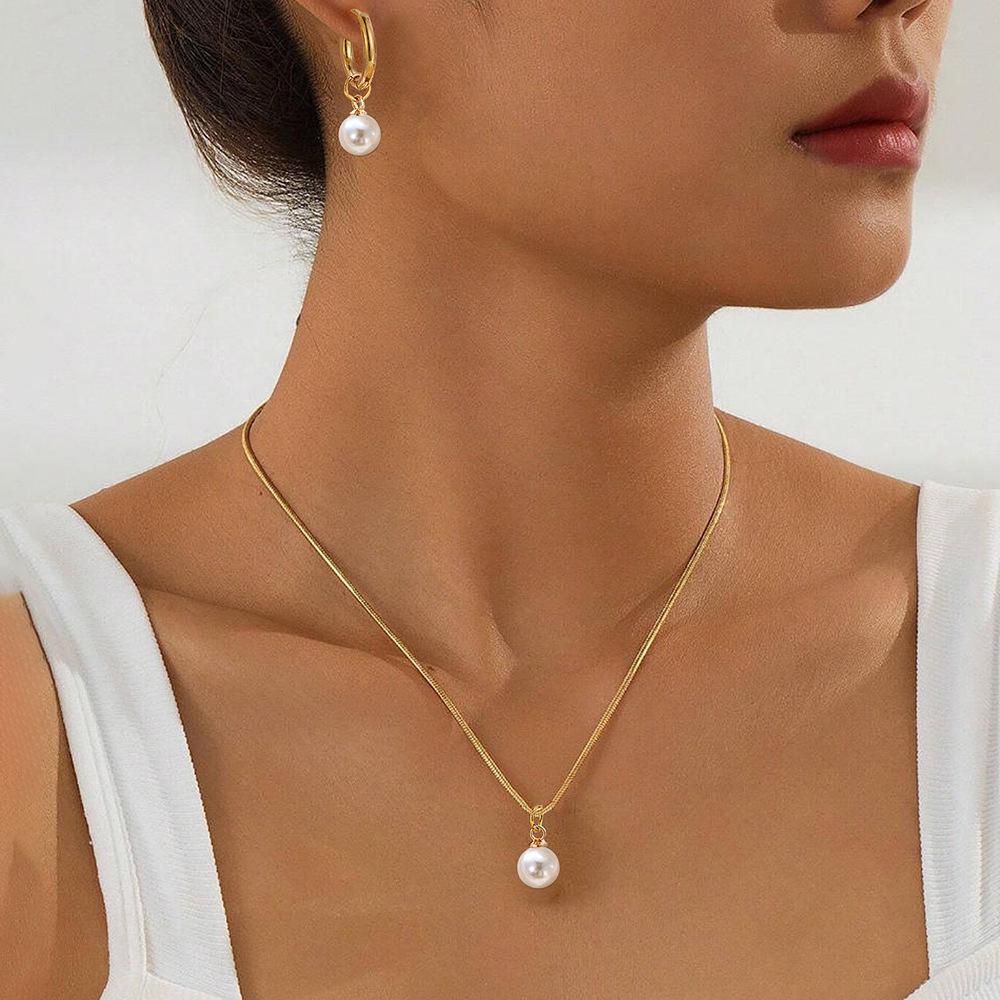 Titanium Steel High-End Off-White Pearl Pendant Necklace & Earring Set for Women - Niche Light Luxury Jewelry