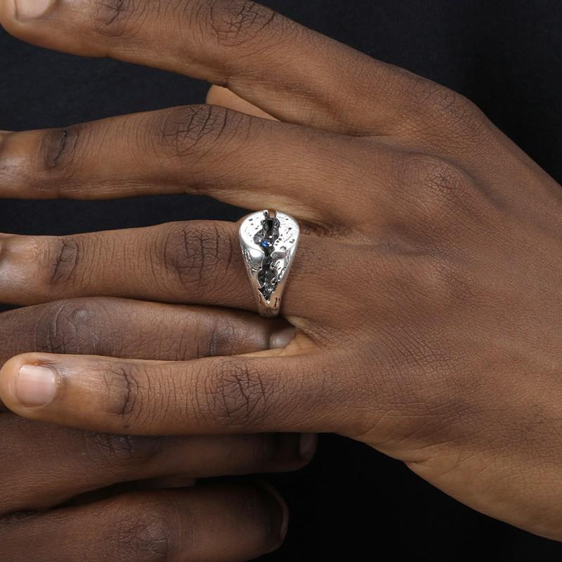 Adjustable Open Ring Men Women Vintage Hip Hop Geometric Crack Design Blue Sapphire Accent Plated