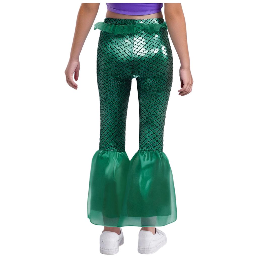 Dívčí zvonové kalhoty mořské panny s potiskem rybích šupin, elastický pas, volánové rozšířené kalhoty, cosplay kostým