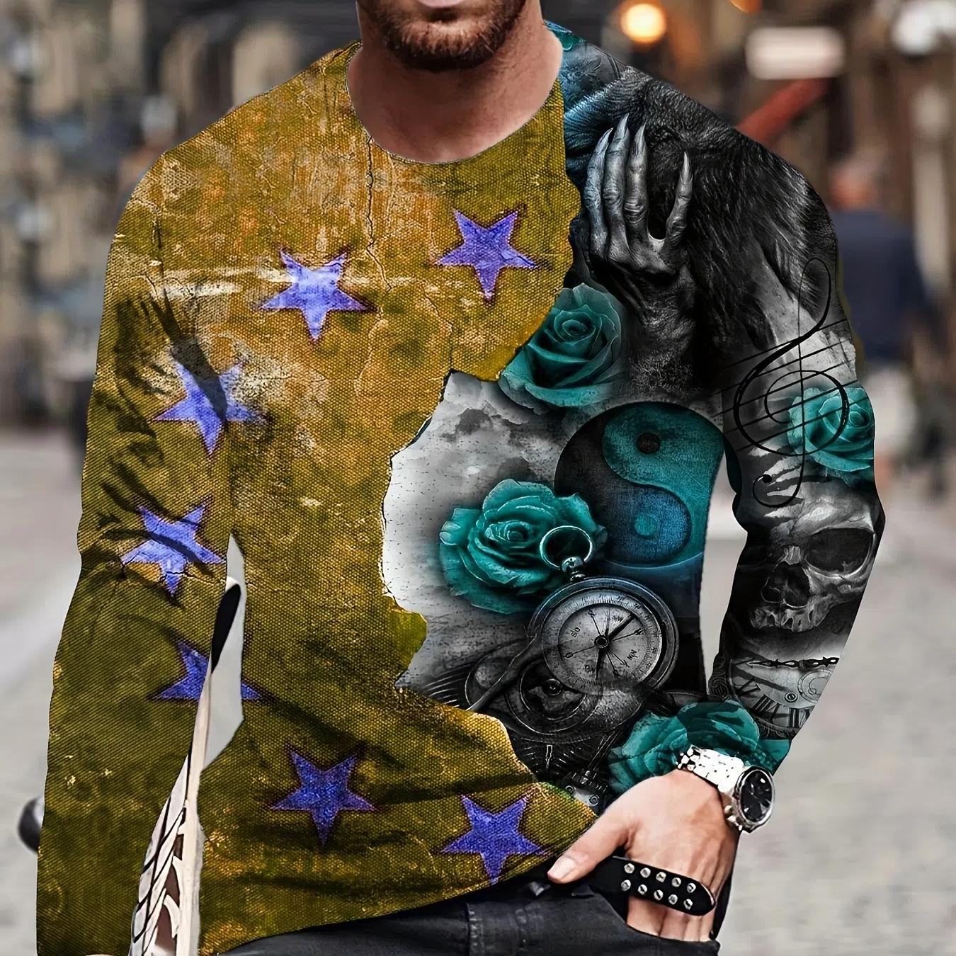 

Мужская футболка с длинным рукавом и цветным блоком в стиле ретро с 3D-принтом на весну и осень 6XL