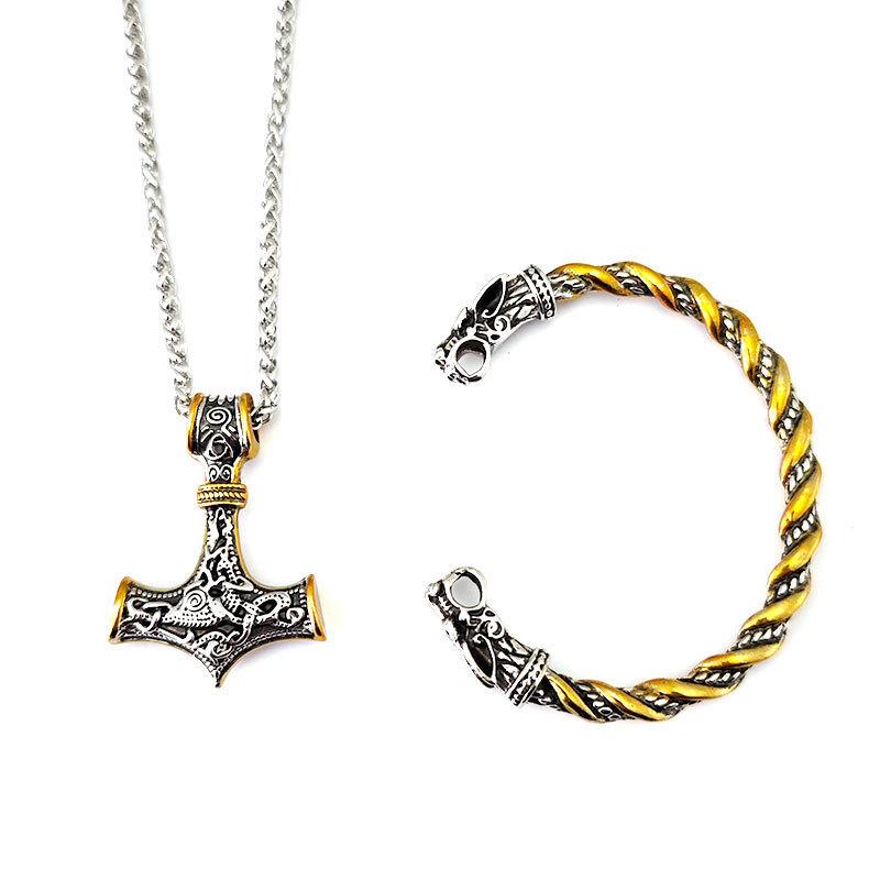 

Viking Rune Hammer Necklace Wolf Head Bracelet Set Norse Retro Jewelry for Men Women