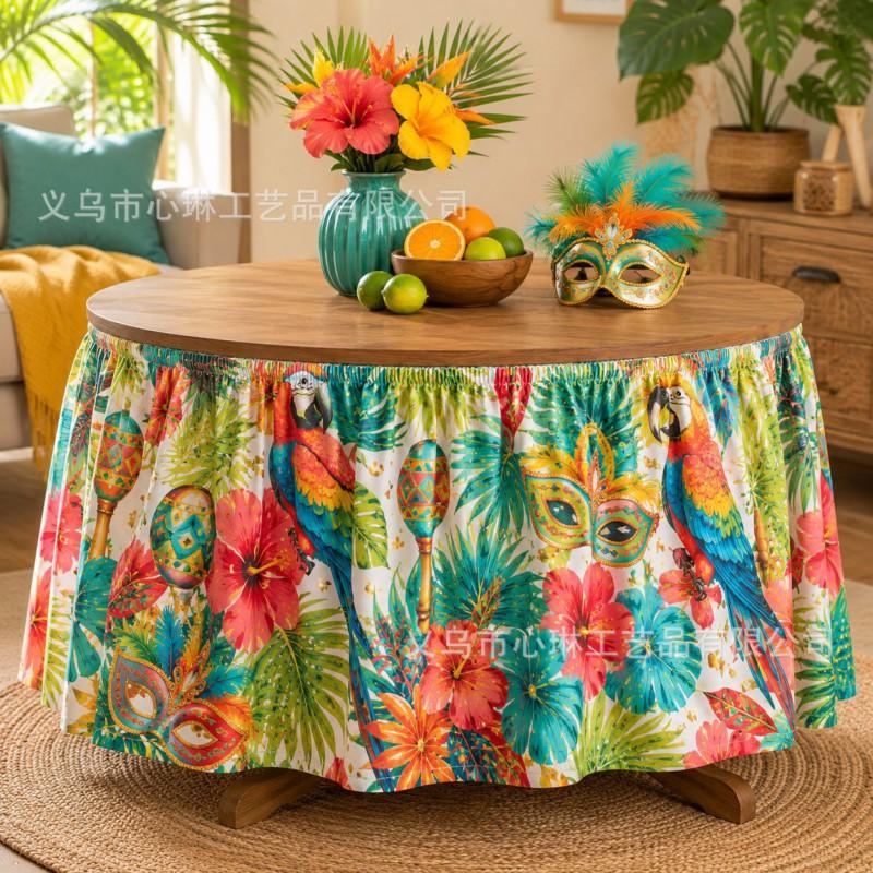 Tropical Plant Print Round Tablecloth Carnival Party Decor Festive Table Skirt In Geometric Abstract Design