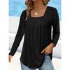 Women's Tops Fashion Clothing Spring and Autumn T-shirt Pleated Square Neck Long Sleeve Solid Color Pullover Casual Shirts Female