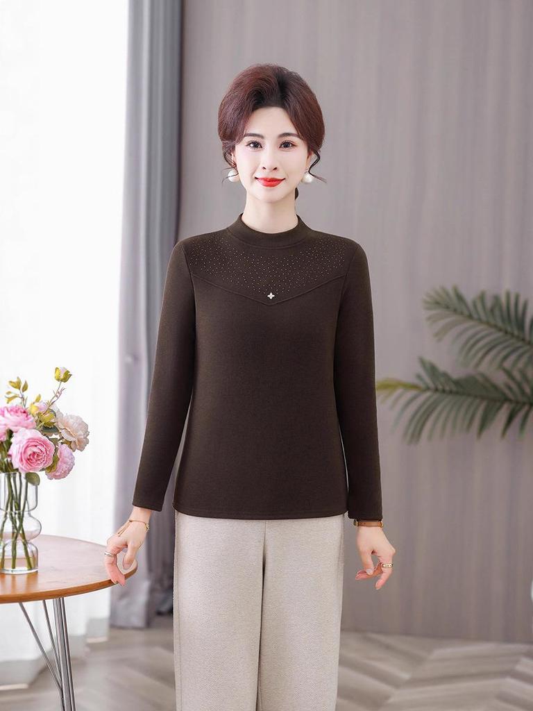 Women's Long-Sleeve Velvet-Lined Warm T-shirt for Middle-Aged & Elderly - Autumn/Winter Layer