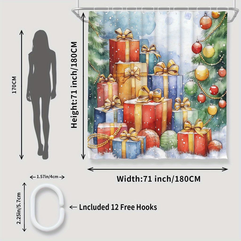 "Yuzhiyu Christmas Gift & Tree Shower Curtain - Polyester, Water-Resistant, 12 Hooks, Machine Washable, Digital Print