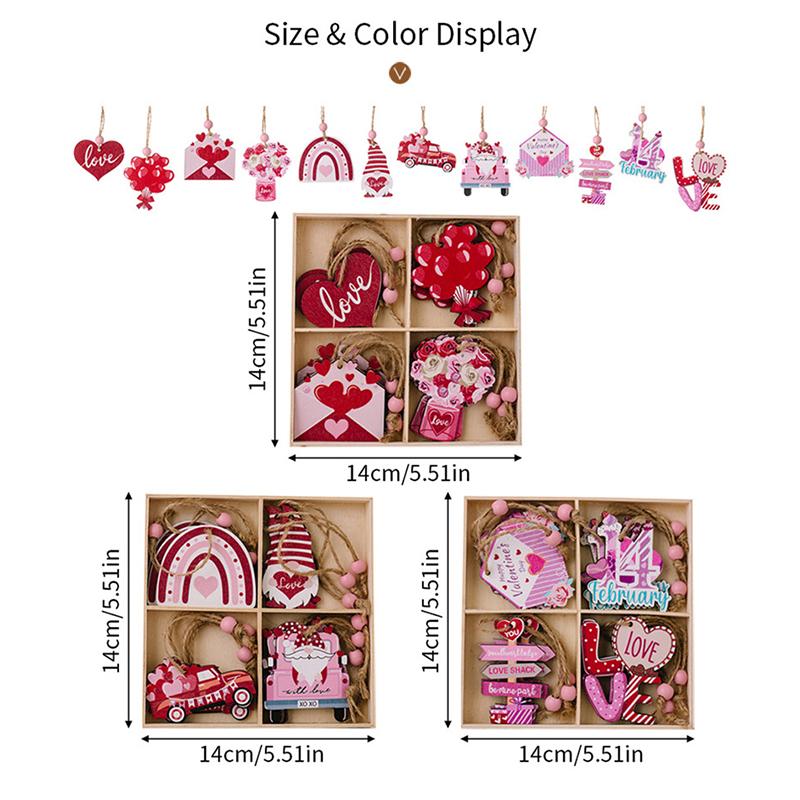 12Pc Valentine Hangings Wood Holiday Decoration Love Flower Valentine Ornaments Valentine'S Day Decorative Love Envelope Pendant