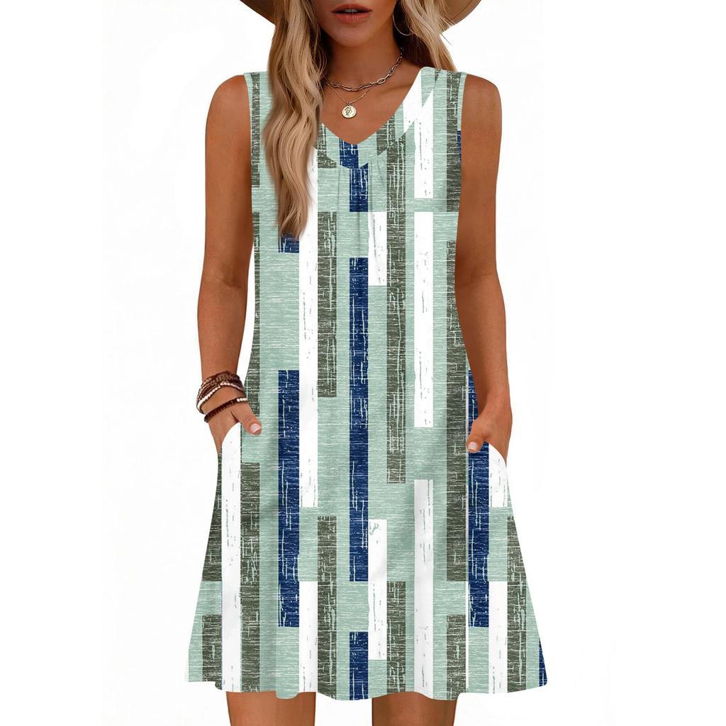 Sleeveless V Neck Printed A Line Swing Dress with Pockets Casual Loose Fit Summer Tank Dress for Women