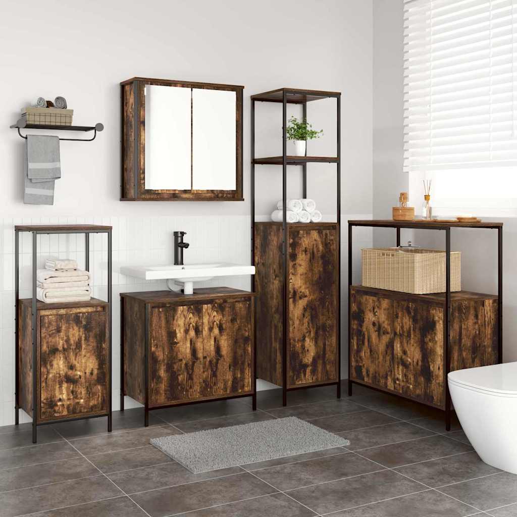 Bathroom Furniture Set with Door 5 Pcs Smoked Oak and Black Brown