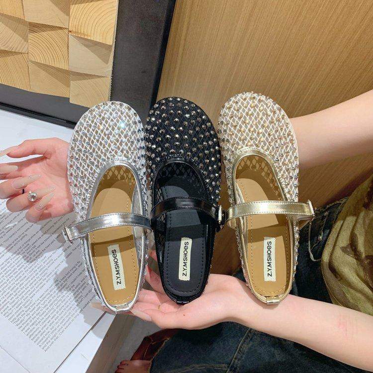 Age-reducing Gypsy Rhinestone Baotou Drag Women's Outer Wear 2025 Summer New Soft Flat-bottomed Mesh Breathable Beautiful Slippers