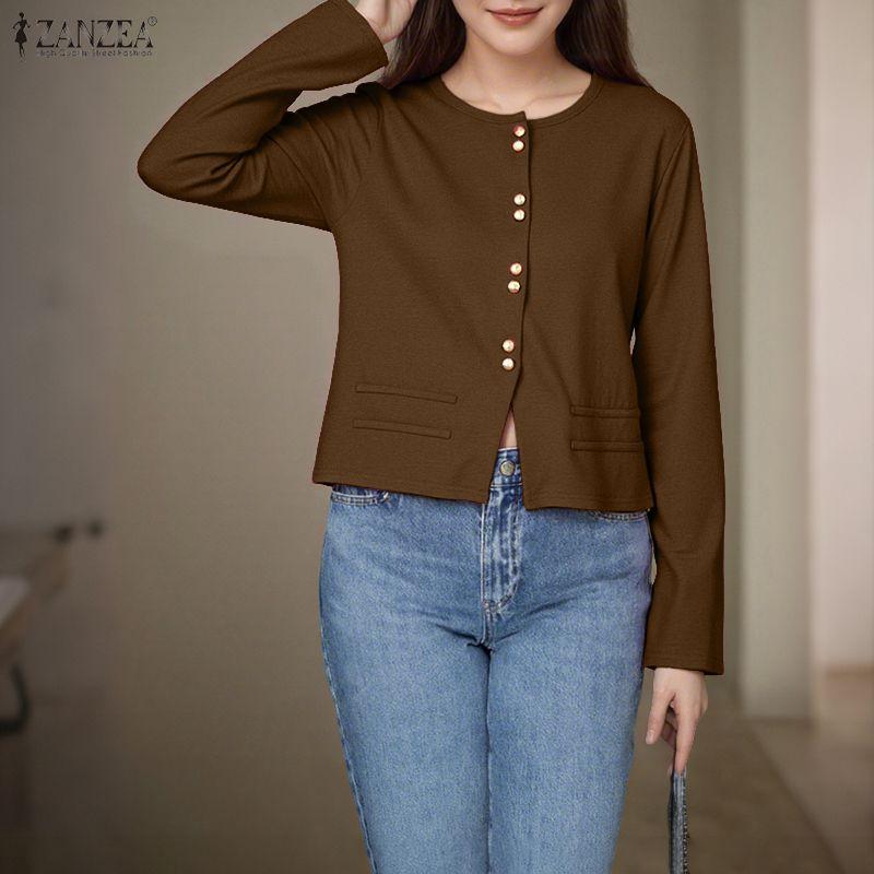 ZANZEA Kvinner uformell rund hals ensfarget langermet bluse