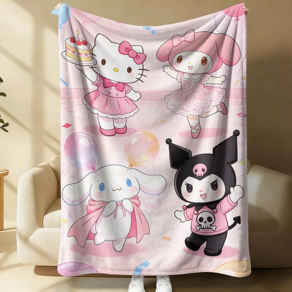 Sanrio Birthday Flannel Blanket Soft Cozy Plush Throw Kawaii Hello Kitty Sofa Bed Cover Office Nap Shawl Travel Camping Blanket