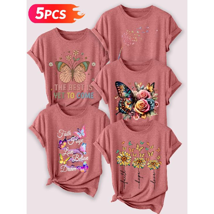 Follow a specific direction Five-piece set for women T T-shirt with butterfly inspirational print Summer casual wear Short-sleeved shirt for work