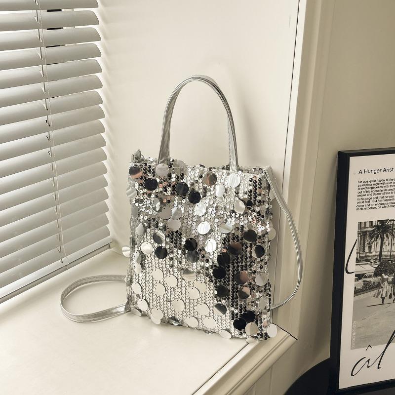 Women Sequined Bucket Handbag Retro Fashion Daily Commute Crossbody Shoulder Bag