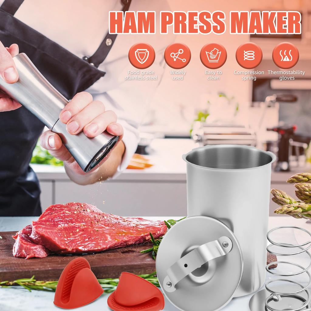Ham Maker Stainless Steel Meat Press Cooker Deli Meat Press Mold with Thermometer for Pork Poultry Cooking Kitchen Accessories