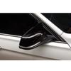 BMW 5 Series F10/F18 Horn Style Rearview Mirror Housing Backup Camera Cover, Glossy Black Carbon Fiber Pattern.